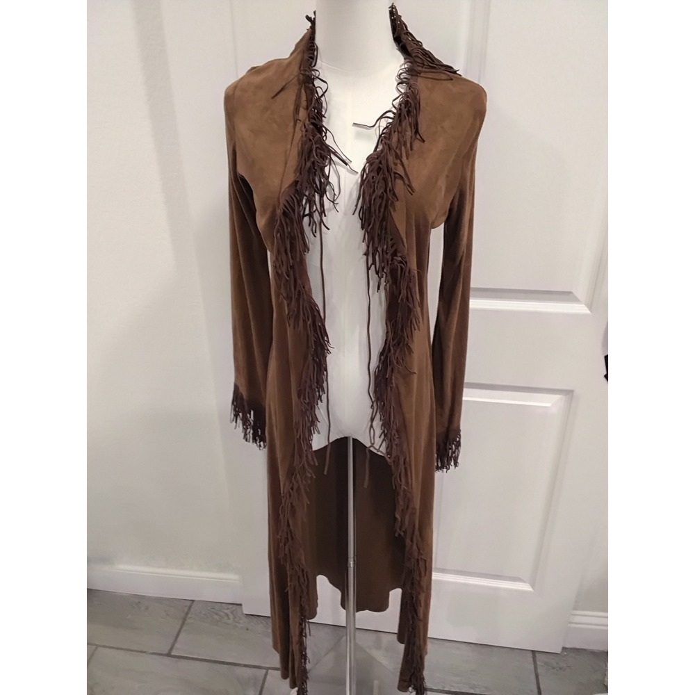 True Light Brown Suede Fringe Duster Cardigan Jacket‎ Women M